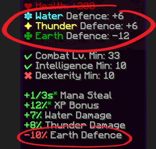 Item with circles around the elemental defense stat and ID